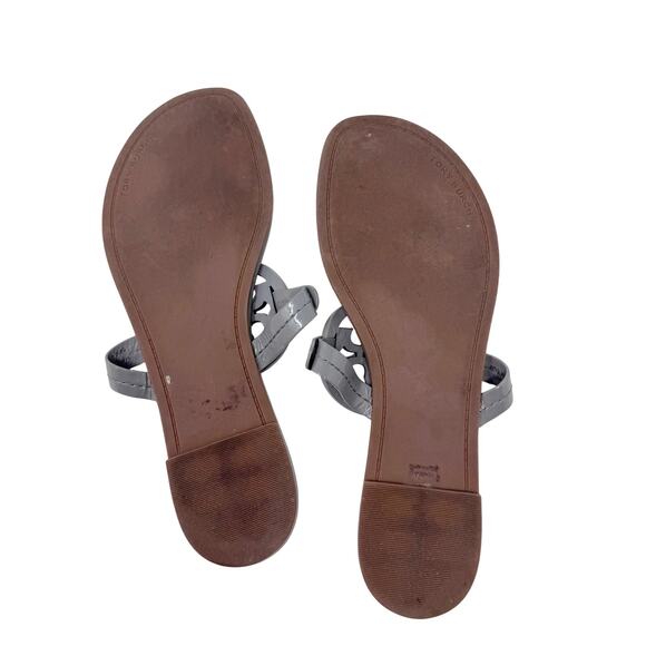 TORY BURCH Gray Grey Patent Leather Miller Classic Designer Logo Sandals Sz 8.5 - Picture 6 of 6